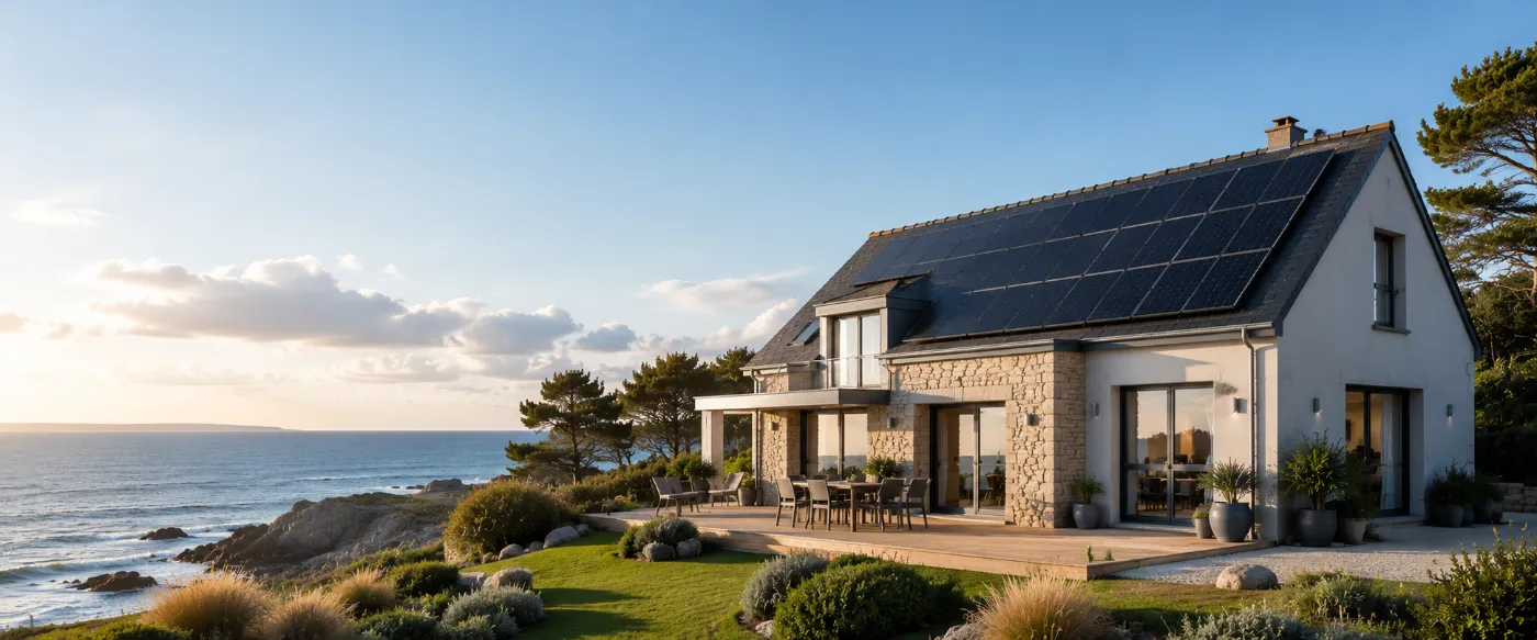 Maison en pierre équipée de panneaux solaires, en bord de mer